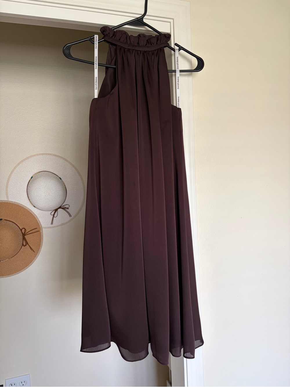 David's Bridal Dark Brown High-Neck Chiffon Bridesmaid Dress